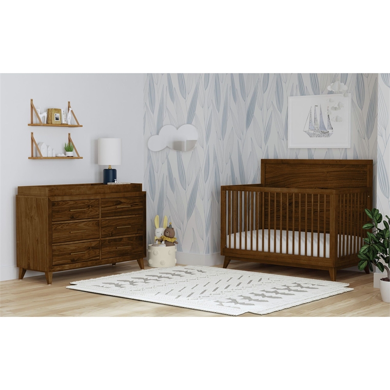 Riley Crib with High Headboard and Guardrail in Walnut