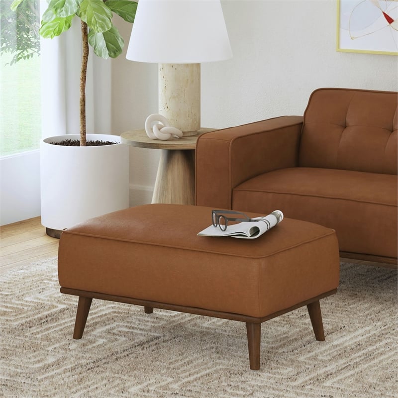 Picket House Furnishings Fate Ottoman with Wood Base in Pebble Tan