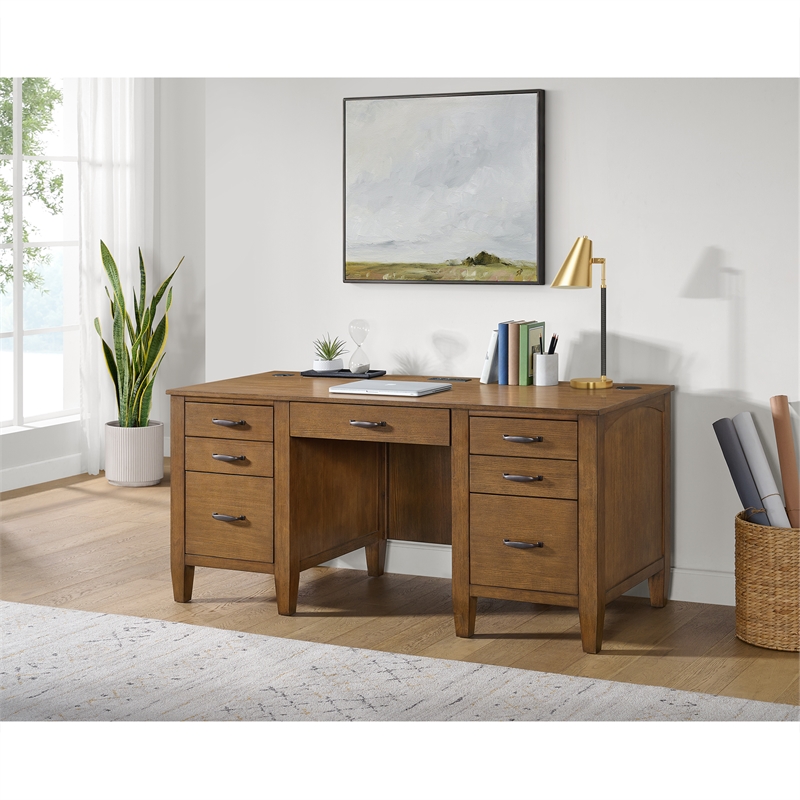 Picket House Furnishings Beth Double Pedestal Desk with Power/USB in Brown Oak