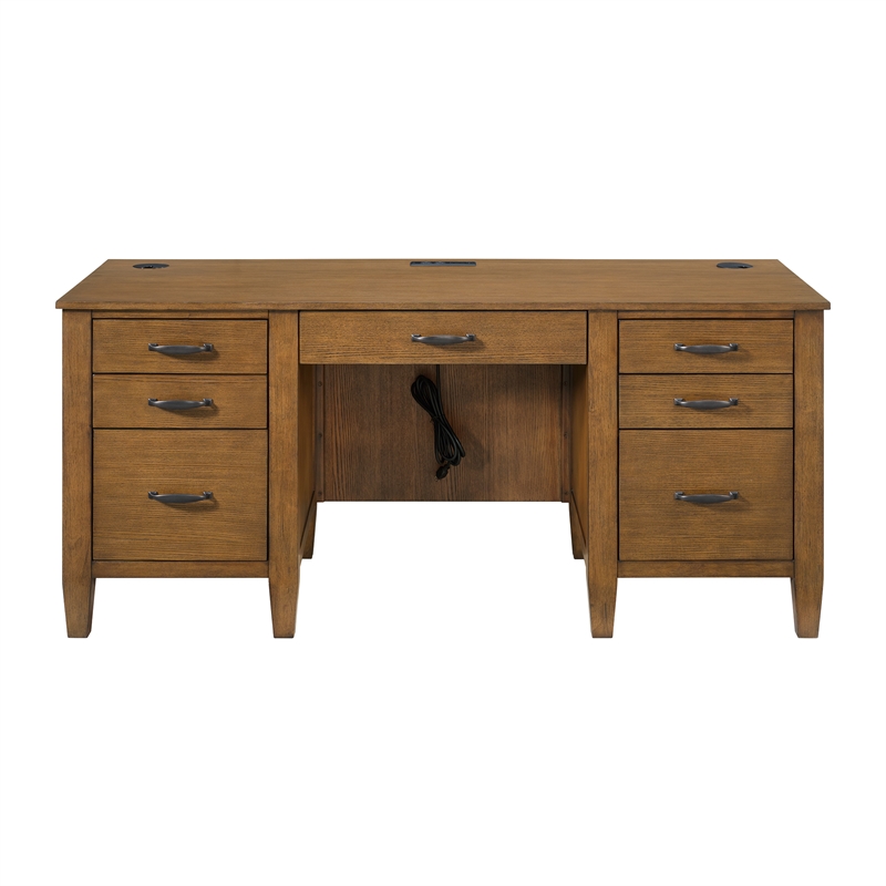Picket House Furnishings Beth Double Pedestal Desk with Power/USB in Brown Oak