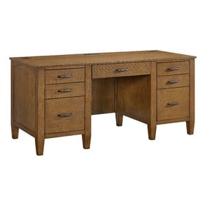Picket House Furnishings Beth Double Pedestal Desk with Power/USB in Brown Oak