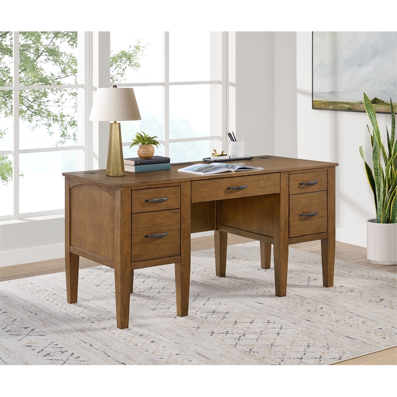 Picket House Furnishings Beth Half Pedestal Desk with Power/USB in Brown Oak