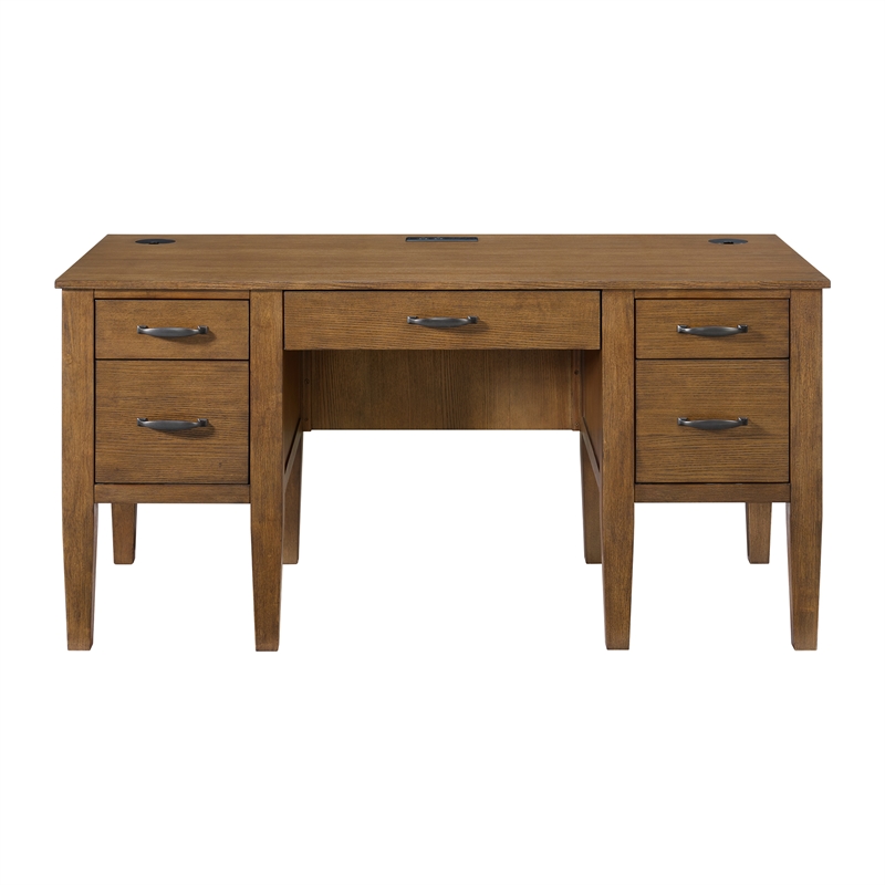Picket House Furnishings Beth Half Pedestal Desk with Power/USB in Brown Oak
