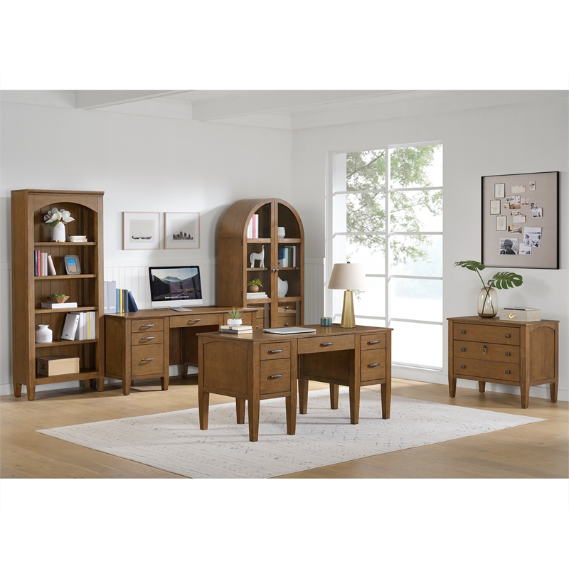 Picket House Furnishings Beth Half Pedestal Desk with Power/USB in Brown Oak