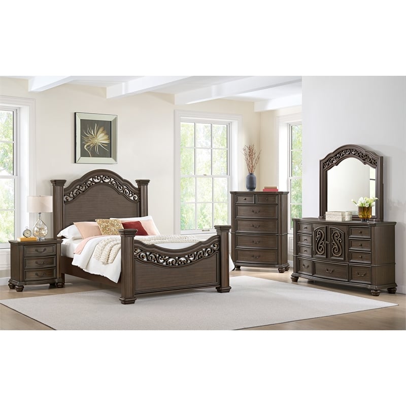 Rosalinda Queen Panel 5PC Bedroom Set in Mahogany