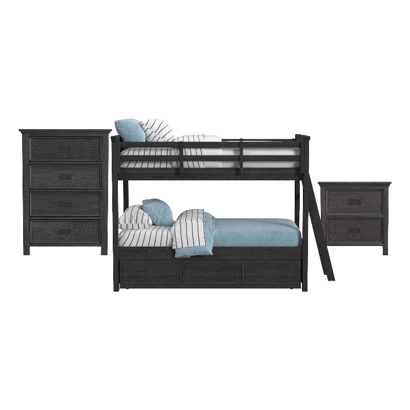 Brooklyn Kids Twin Over Twin Bunk with Ladder&Trundle 3PCBedroom Set in Charcoal