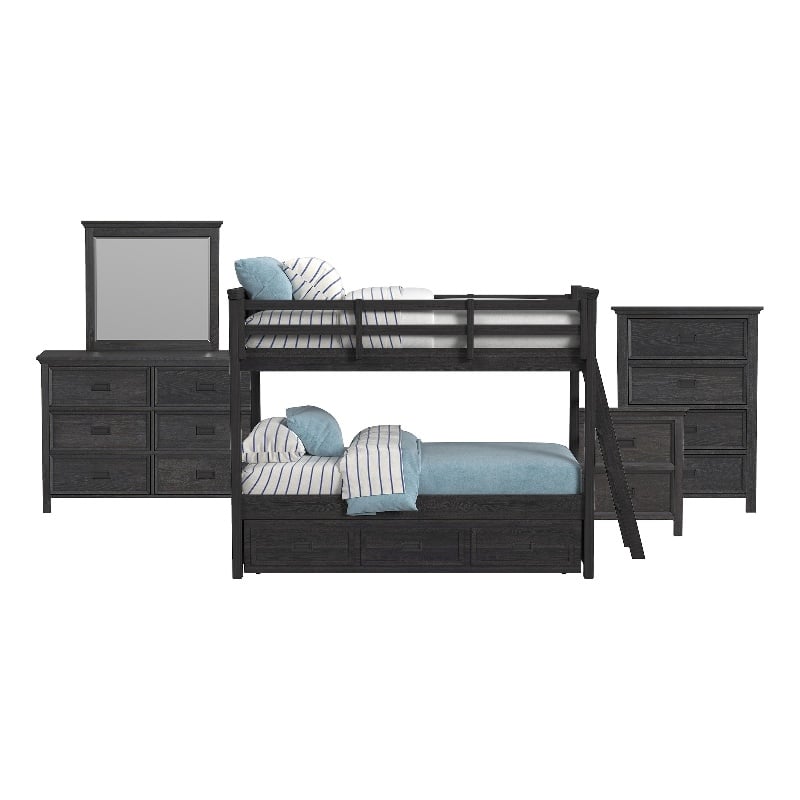Brooklyn Kids Twin Over Twin Bunk with Ladder&Trundle 5PCBedroom Set in Charcoal