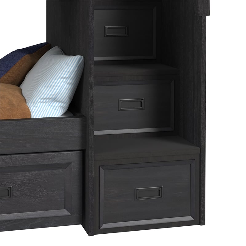 Brooklyn Kids Twin Over Twin Bunk- Staircase&Trundle 3PC Bedroom Set in Charcoal