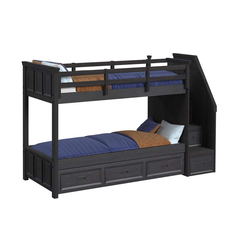 Brooklyn Kids Twin Over Twin Bunk- Staircase&Trundle 3PC Bedroom Set in Charcoal