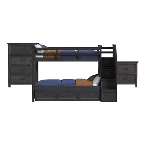 Brooklyn Kids Twin Over Twin Bunk- Staircase&Trundle 3PC Bedroom Set in Charcoal
