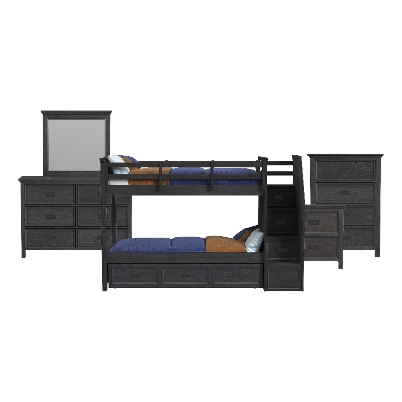 Brooklyn Kids Twin Over Twin Bunk- Staircase&Trundle 5PC Bedroom Set in Charcoal