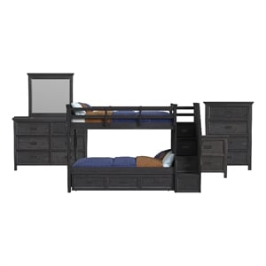 Brooklyn Kids Twin Over Twin Bunk- Staircase&Trundle 5PC Bedroom Set in Charcoal