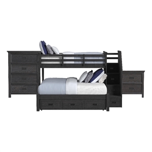 Brooklyn Kids Twin Over Full Bunk -Staircase&Trundle 3PC Bedroom Set in Charcoal