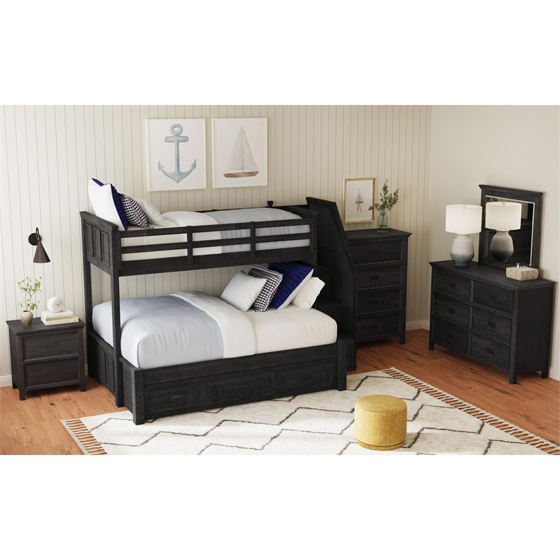 Brooklyn Kids Twin Over Full Bunk -Staircase&Trundle 5PC Bedroom Set in Charcoal