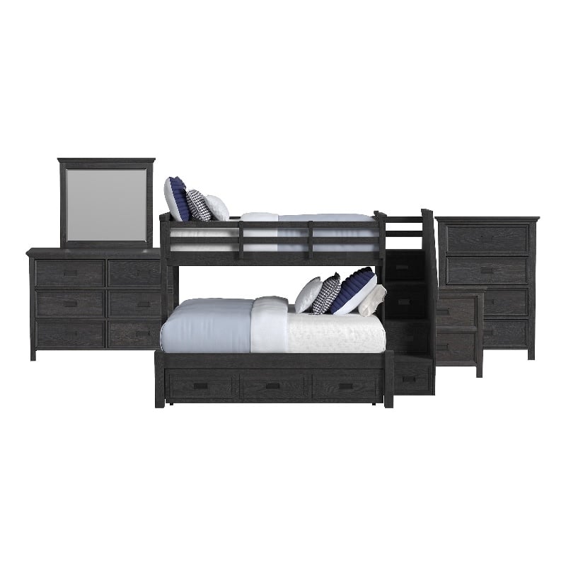 Brooklyn Kids Twin Over Full Bunk -Staircase&Trundle 5PC Bedroom Set in Charcoal