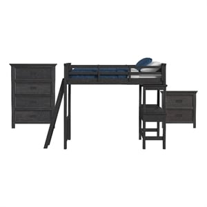 Brooklyn Kids Twin Loft with Ladder & Desk - Speaker 3PC Bedroom Set in Charcoal