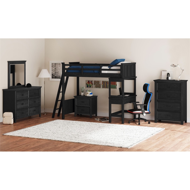 Brooklyn Kids Twin Loft with Ladder & Desk - Speaker 5PC Bedroom Set in Charcoal