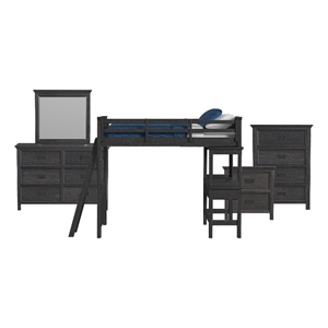 Brooklyn Kids Twin Loft with Ladder & Desk - Speaker 5PC Bedroom Set in Charcoal