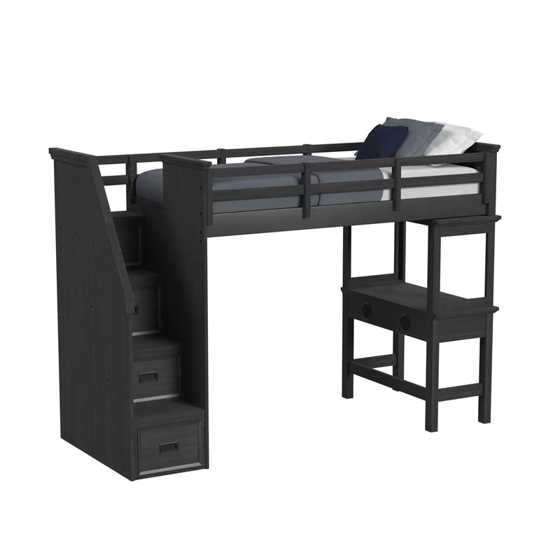 Brooklyn Kids Twin Loft with Staircase &Desk-Speaker 5PC Bedroom Set in Charcoal