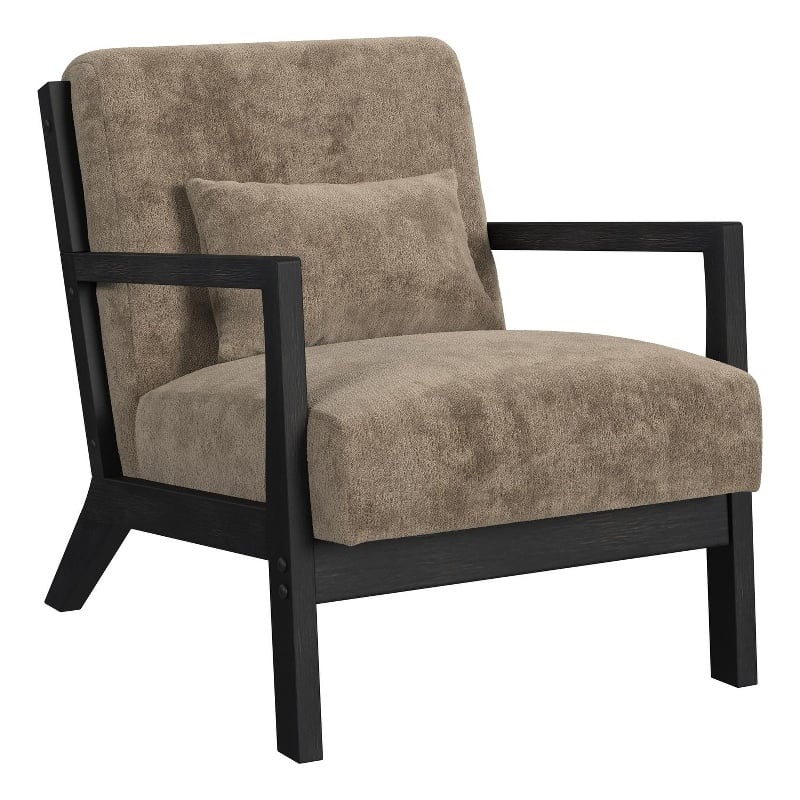 Freya Chair with kidney pillow in Langley Cocoa and Brushed Espresso Finish