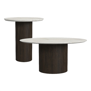 Sutton 2PCOccasional Table Set with White Faux Marble Top and Base in Dark Brown