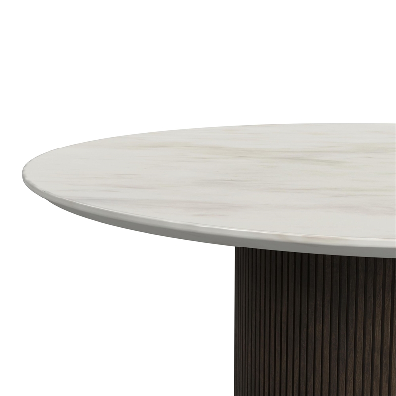 Sutton Round Coffee Table with White Faux Marble Top and Base in Dark Brown