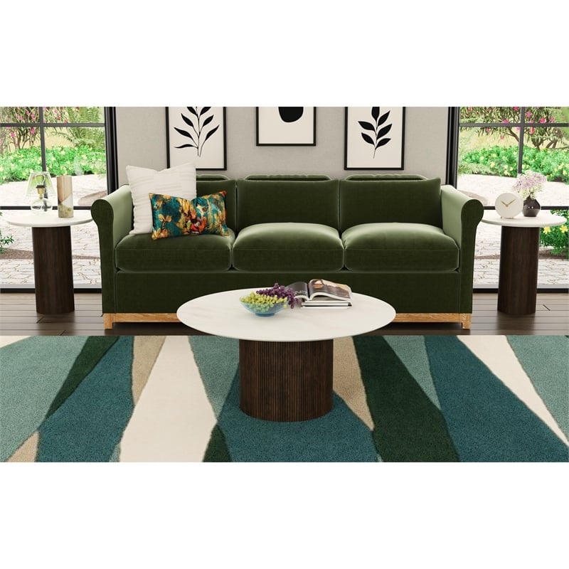 Sutton Round End Table with White Faux Marble Top and Base in Dark Brown