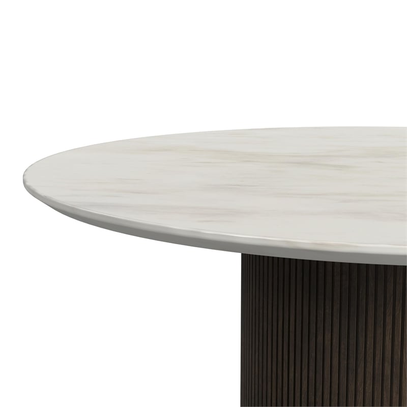 Sutton Round End Table with White Faux Marble Top and Base in Dark Brown