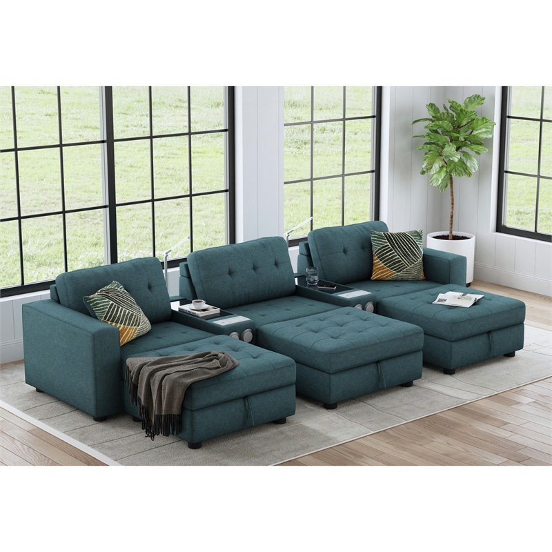 Harleigh 8PC Living Room Set in Palmer Plus Teal with Media Console