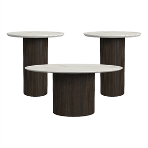 Sutton 3PCOccasional Table Set with White Faux Marble Top and Base in Dark Brown