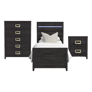 Chett Twin 3PC Bedroom Set with LED in Black