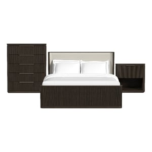 Sutton King UPH 3PC Bedroom Set with White Fabric in Dark Brown