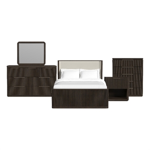 Sutton Queen UPH 5PC Bedroom Set with White Fabric in Dark Brown