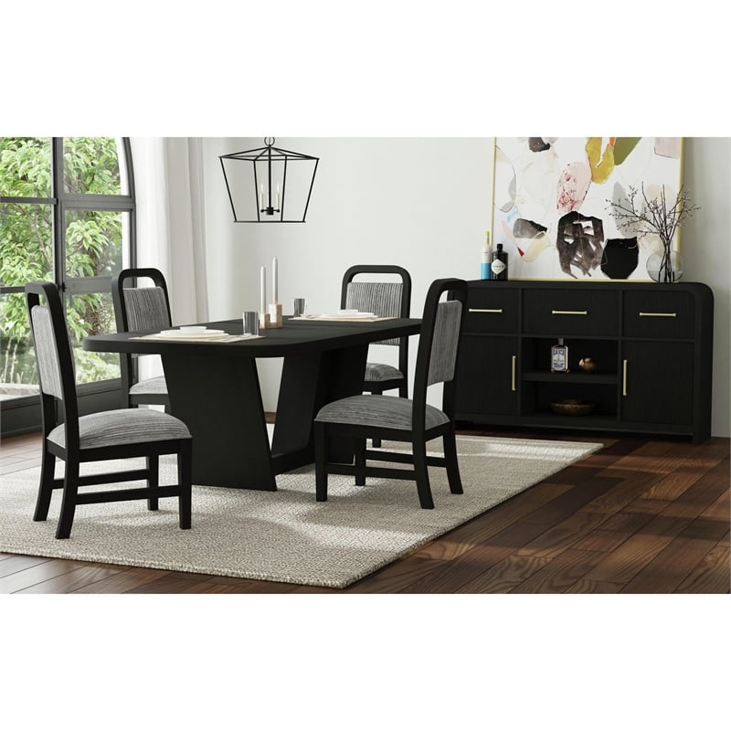 Woodridge 5PC Dining Set in Black with Grain Table and 4Grey Fabric Chairs