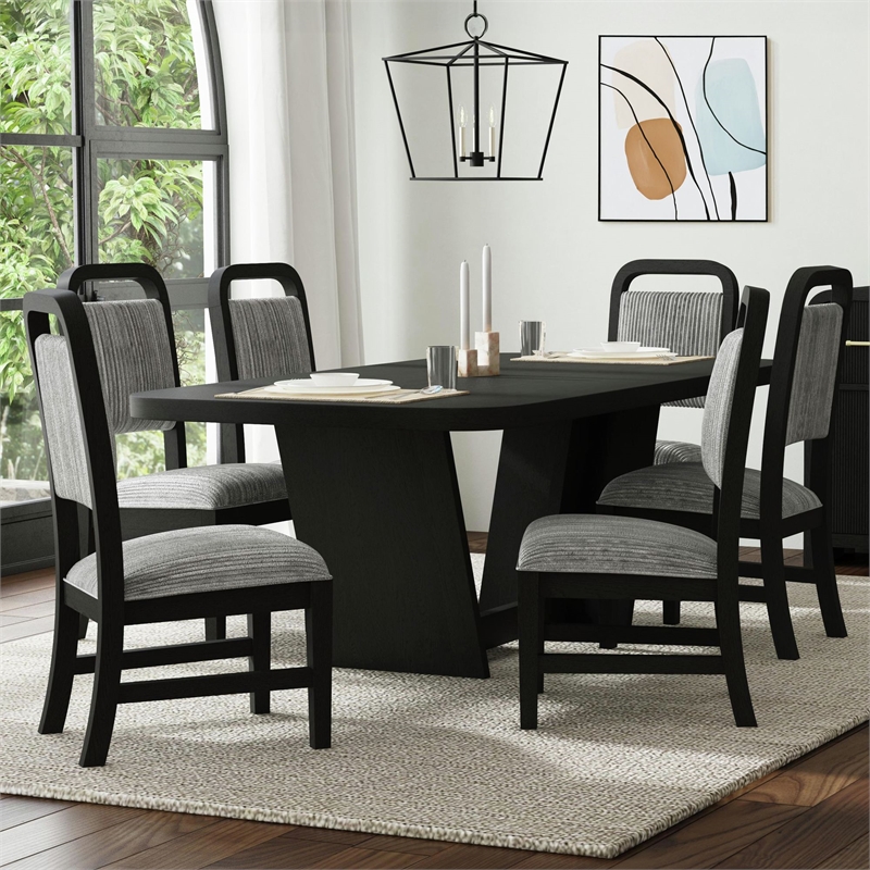 Woodridge 7PC Dining Set in Black with Grain Table and Six Grey Fabric Chairs