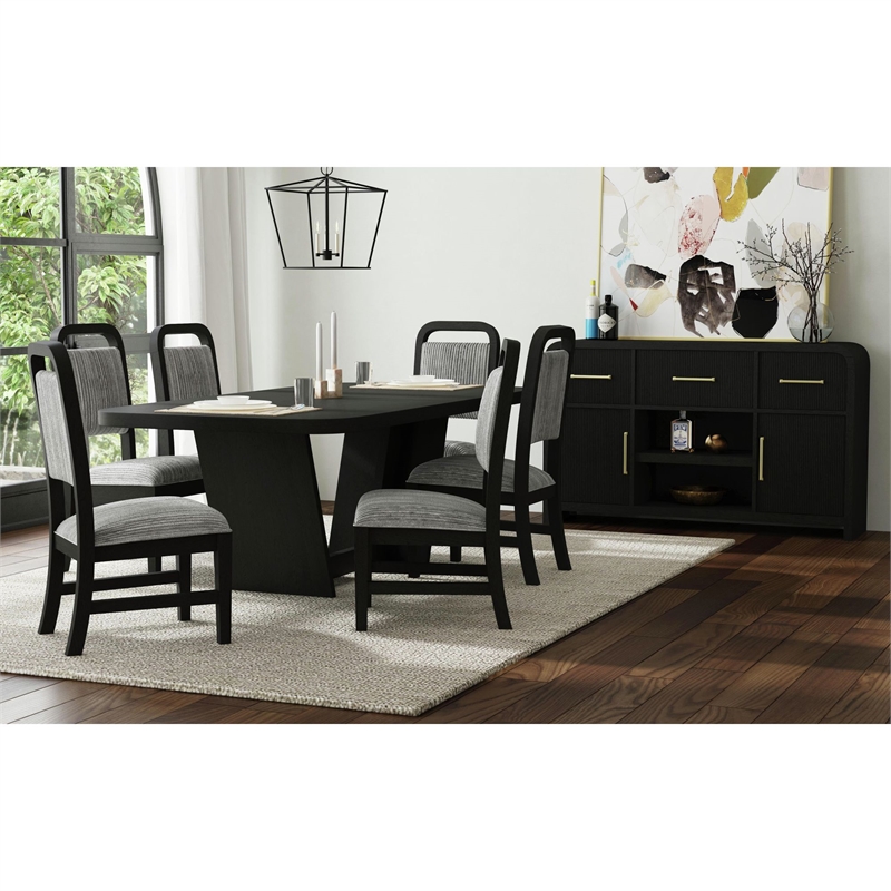 Woodridge 7PC Dining Set in Black with Grain Table and Six Grey Fabric Chairs