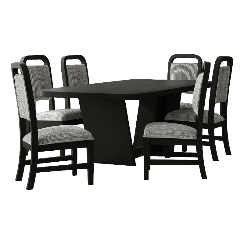 Woodridge 7PC Dining Set in Black with Grain Table and Six Grey Fabric Chairs