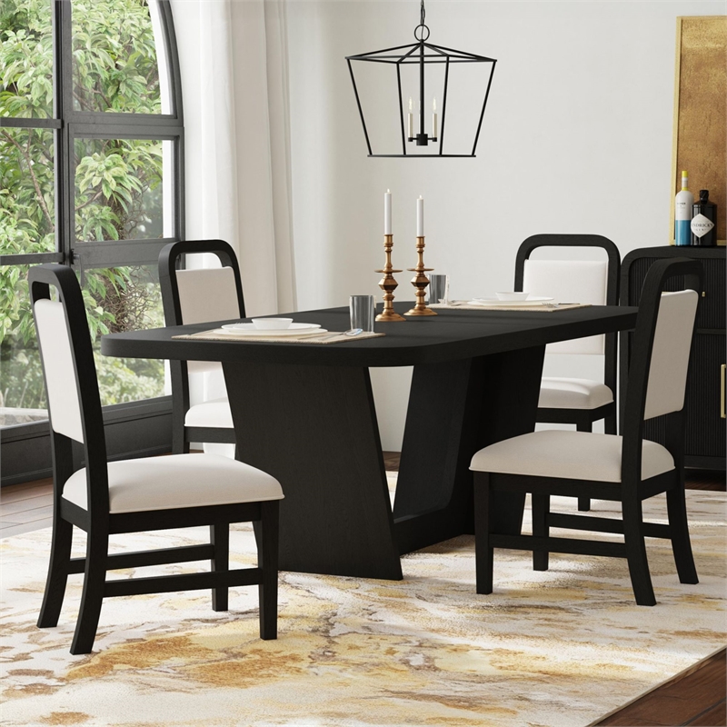 Woodridge 5PC Dining Set in Black with Grain Table and Four White Fabric Chairs