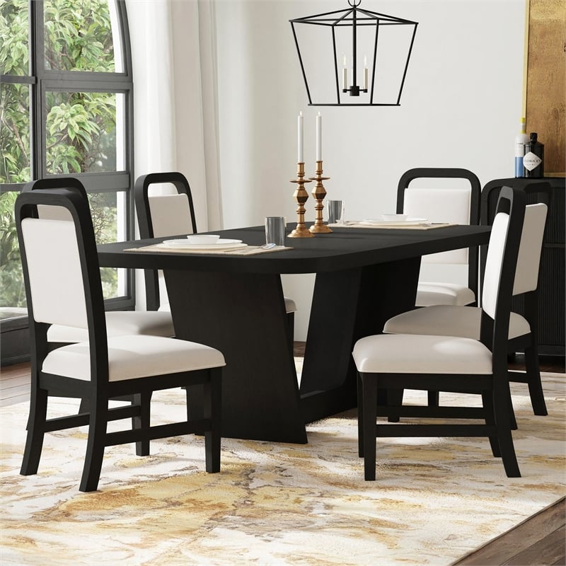 Woodridge 7PC Dining Set in Black with Grain Table and Six White Fabric Chairs
