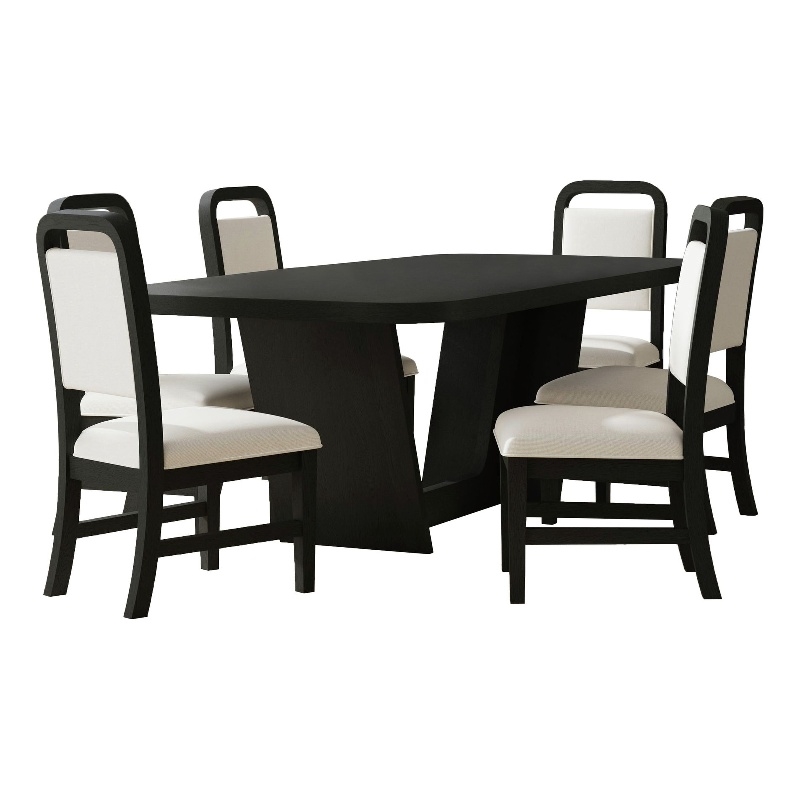 Woodridge 7PC Dining Set in Black with Grain Table and Six White Fabric Chairs