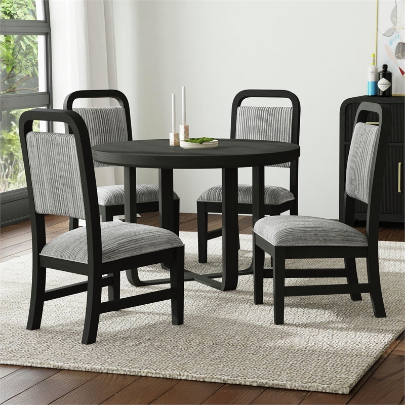 Woodridge 5PC Dining Set in Black with Grain Round Table and Four Grey Chairs