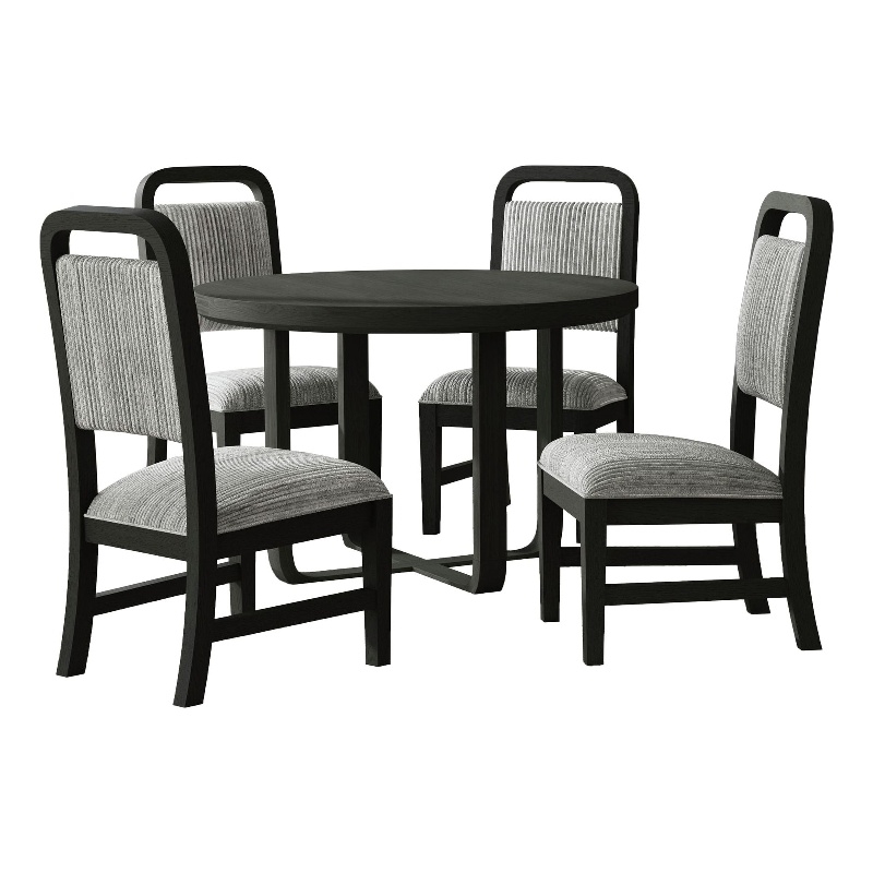 Woodridge 5PC Dining Set in Black with Grain Round Table and Four Grey Chairs