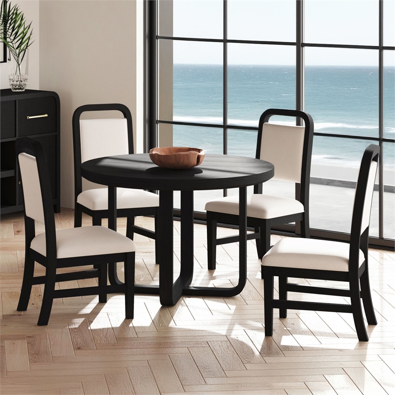 Woodridge 5PC Dining Set in Black with Grain Round Table and Four White Chairs