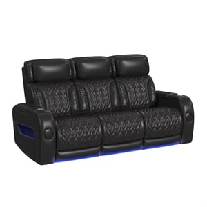 Picket House Furnishings Ascend P3 Sofa with I Table Reading Light Heat Massage LED and Speaker in Jett Black with Red Stitching
