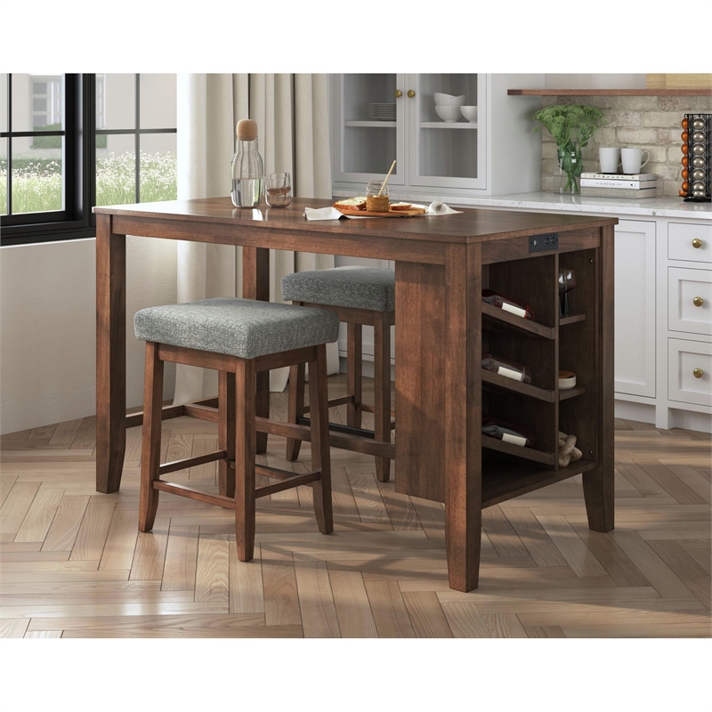 Picket House Furnishings Veronica Kitchen Island 2 Counter Stools - Grey/Walnut