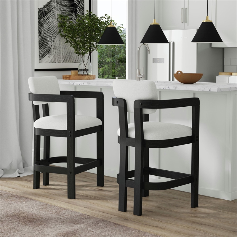 Picket House Furnishings Canal Arm Barstool with White Fabric in Black