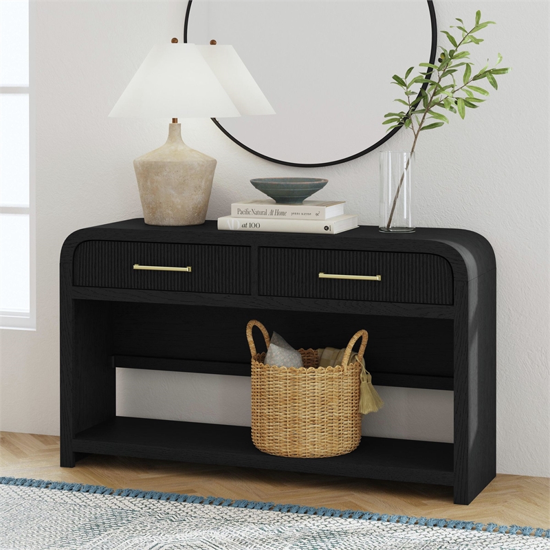 Picket House Furnishings Woodridge Sofa Table with Bottom Shelf in Black with Grain
