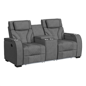 Tundra Motion Loveseat with Console and LED in Simba Slate/Black Welt
