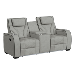 Tundra Motion Loveseat with Console and LED in Simba Taupe/Black Welt