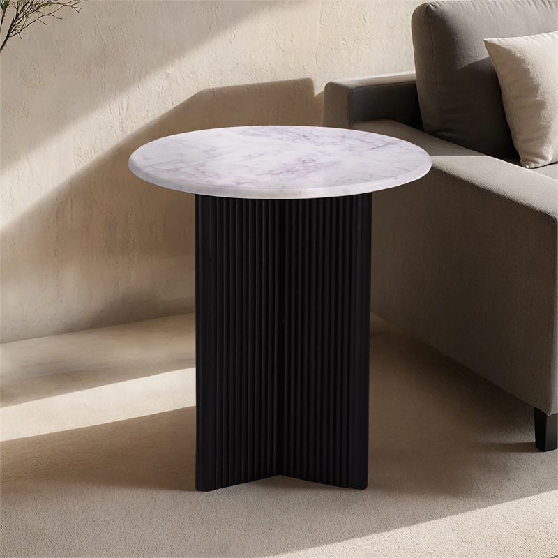 Pearce 20 in. White Marble Topped Pedestal Side Table with Black Mango Wood Base